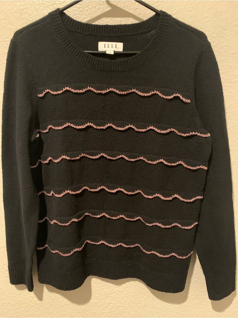 Elle Black Crewneck Sweater with Pink Metallic Trim
